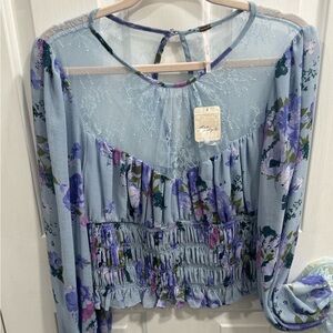 Free People Blue Floral & Lace Top Size L